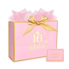 12.6" Pink 16th Birthday Gift Bag with Tissue Paper and Cards - 12.6× 9.84× 4.33 Inches 16 Year Old Gift Bag for Girls