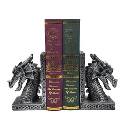 Book Ends for Shelves to Hold Books Heavy Duty,Decorative Bookend for Bookshelf Décor, Animal Dragon Book Stopper Dragon Statues for Home, Office Desk, Living Room Decoration,Vintage Silver,1pair
