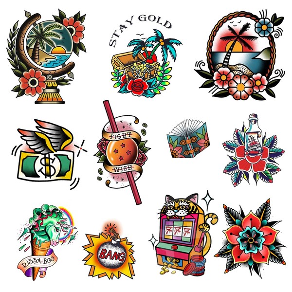 CARGEN Old School Temporary Tattoo for Women Men Waterproof Cool Classic Stickers Sexy Flower Temporary Tattoos American Traditional Tattoo for Boys Girls for Party