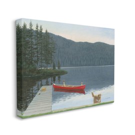 Stupell Industries Docked Row Boat Lake Forest Landscape Pet Dogs, Designed by James Wiens Canvas Wall Art, 20 x 16, Green