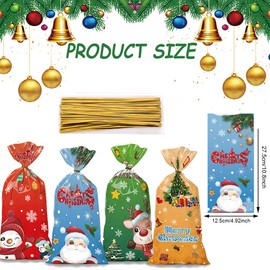 Christmas Cellophane Treat Bags, 50 Pieces Xmas Clear Cello Gift Bags Candy Goodies Bags with Twist Ties for Christmas Holiday Party Supplies Cartoon Santa Claus Snowman Elk Design Cellophane Bags