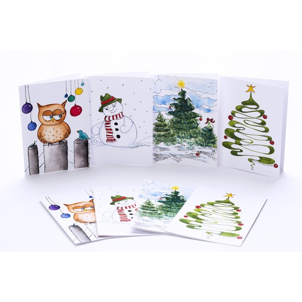 PierRo Art - Christmas Greeting Cards from New Brunswick made with Cute and Funny Original Watercolor Paintings - Box Set #1