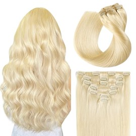SUYYA Clip in Hair Extensions Real Human Hair 7 Pcs Human Hair Clip in Extensions Straight Remy Human Hair Extensions Clip ins for Women Double Weft 22 Inch #613 Bleach Blonde 100G
