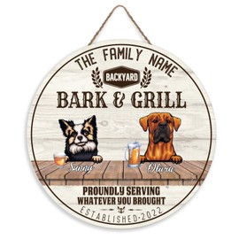 Custom Family Name Sign Backyard Bar Decor Proudly Serving Whatever You Brought Decorative Wood Plaque Chihuahua & Tosa Inu Pet Lover Gift Rustic BBQ Wall Art for Home Kitchen Decoration Round 12"