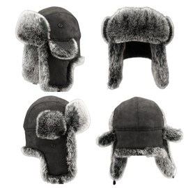 Pyrafox Fur Trapper Russian Winter Hat for Men, Aviator Pilot Cap with Earflaps Women, UK Ear Flap Ushanka Deerstalker Hats, Black XL XXL