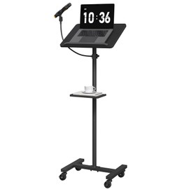 MAHANCRIS Podium Stand with Microphone Stand, Standing Desk and Laptop Desk with Storage Tray, 28.9-42.7 Inch Adjustable Height Portable Lectern for Classroom, Conference Room, Black LPBK4001