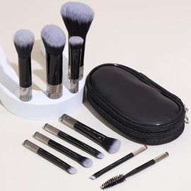 COSHINE Juego de Brochas de Maquillaje Portátil On The Go, 10 Piezas Easy-Taken Mini Kit Completo de Pinceles Cosméticos de Función Completa Con Bolsa de Cepillo (Negro)