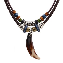 EINCORN Leather Tribal Necklace for Women Men Vintage Bohemian Style Ethnic Wood Beads Choker Necklace Dog Tooth Pendant Jewelry