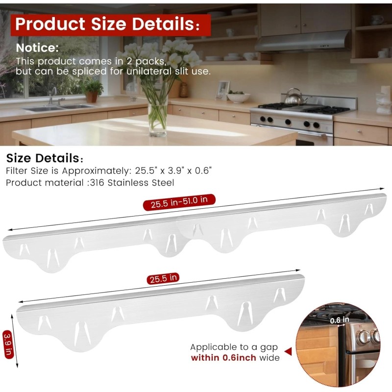 2 Pack Stove Gap Covers, 316 Stainless Steel, Length 25.5"-51"