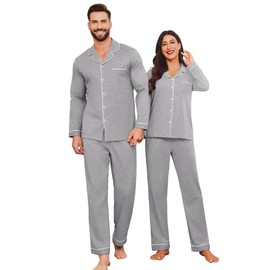 Ekouaer Matching Pajamas for Couples Twp Piece Pjs Men's Solid Cotton Knit Sleepwear Soft Long Sleeve Lounge Set,Light Grey,M