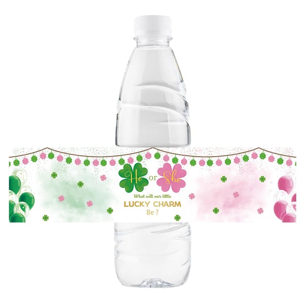 St. Patrick's Gender Reveal Water Bottle Labels, Green Shamrocks He