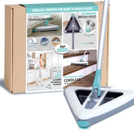Zippi Sweeper Pro - 2025 New and Improved Lightweight Sweeper, Perfect for Short Carpet Hardwood and Tile, Triangular Design Allows for Sweeping in Corners, LED Light, 1 Hr Cleaning Time