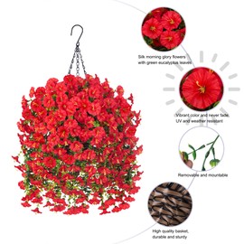 Artificial Hanging Flowers with Basket Outdoors Fake Flowers Plants,3 PCS Faux Red Silk Morning Glory Flower with Eucalyptus Leaves Realistic Greenery Vines for Wall Home Porch Patio Balcony Yard