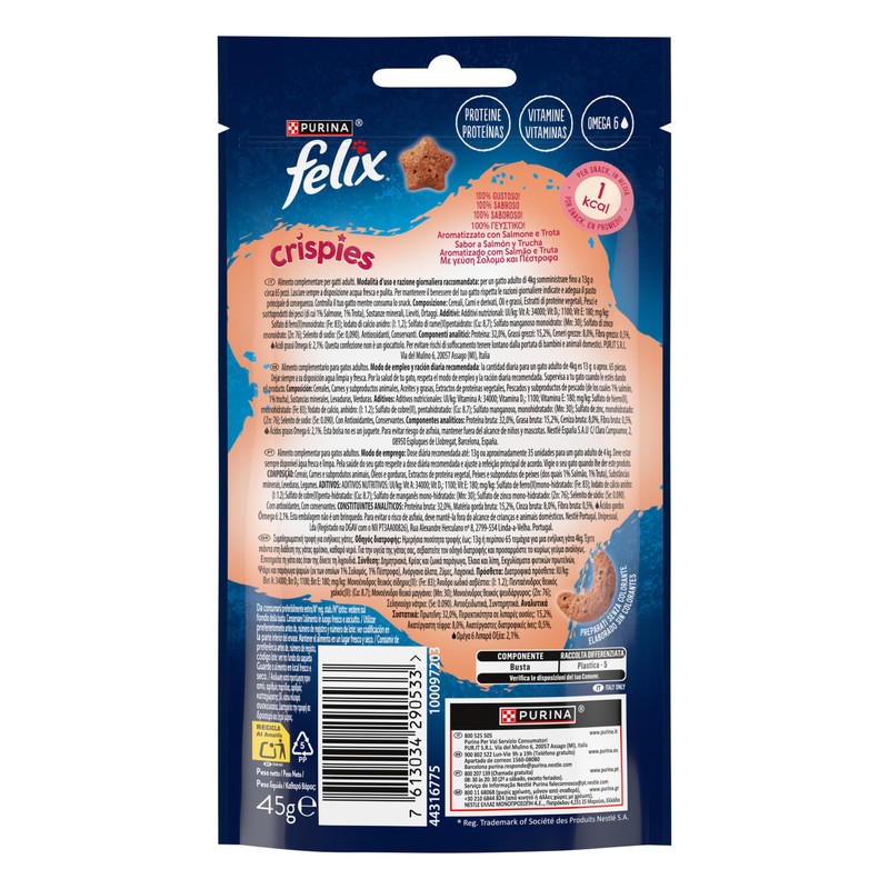 FELIX Crispies Snack per Gatti Adulti con Salmone e Trota