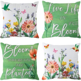 TOMMO Set of 4 Square Cushion Cover 18x18 inch Luxury Velvet Birdsong and Flowers Breathable Pillow Case 45x45cm for Sofa, Bed, Office, Hidden Zip Washable Modern Grey Beige Home Decor