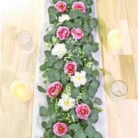 TOCHGREEN 2 Pack 13Ft Artificial Eucalyptus Flower Garland with White Roses, Fake Rose Flower Greenery Garland Floral Vines for Wedding Home Party Room Table Runner Decor (White Pink, 2PCS)