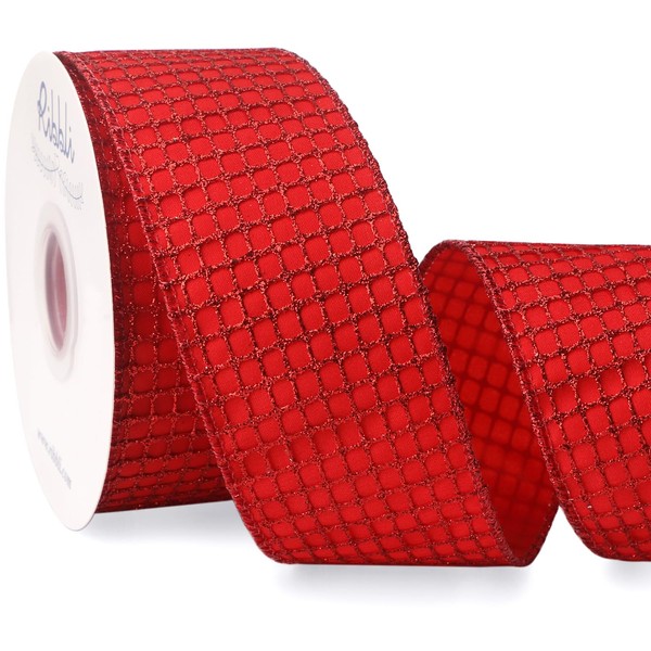 Ribbli Red Glitter Wired Ribbon for Christmas Tree Mesh Sparkling