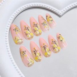 Green Leaves Gel Glue on Acrylic Fake Nails Flower Press on Nails 24Pcs Wild Flowers Press ons Fingernails Glossy Yellow Medium Almond False Nail Oil Painting Stick on Nail for Holiday Manicure Art