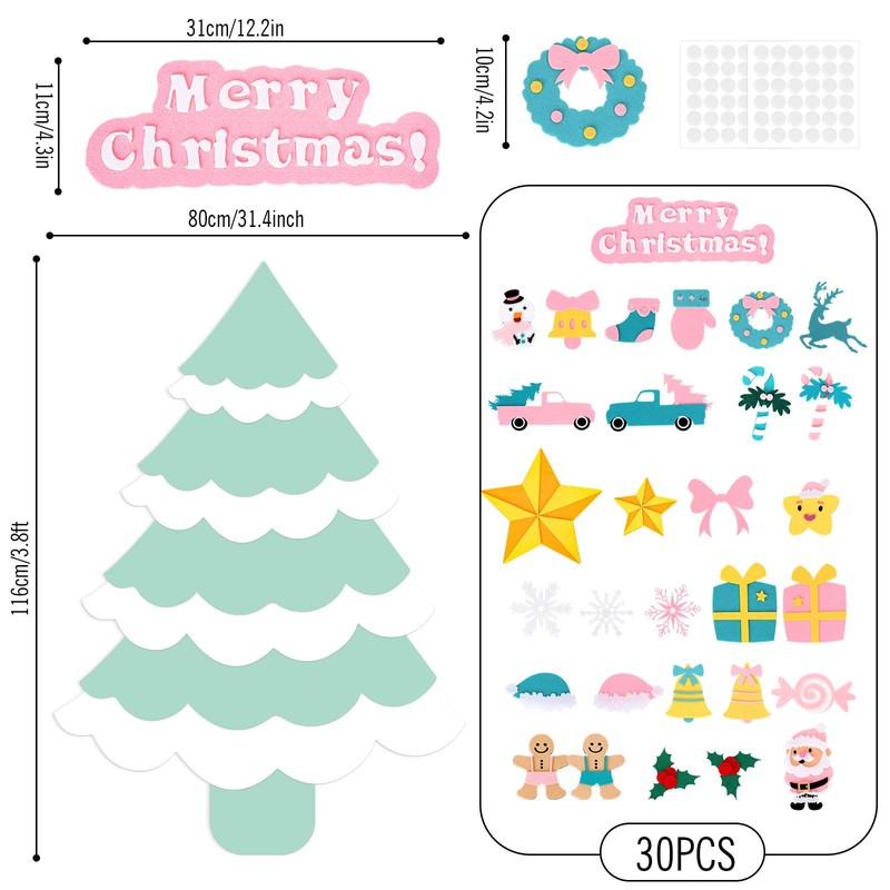 JarThenaAMCS Felt Christmas Tree with Ornaments Boho Green & Pink