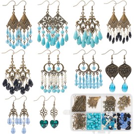 SUNNYCLUE 1 Box 10 Sets Chandelier Earring Making Kit Tibet Style Bohemian Charms Boho Earrings Bulk Lucky Turquoise Bead Glass Beads for Jewelry Making Kits DIY Dangle Earrings Women Adult Supplies