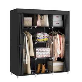 MOGELAFOO 51 Inch Portable Closet Wardrobe for Small Room, Clothes Rack Storage Organizer with Non-Woven Fabric Cover, 2 Clothes Hanging Rods and 8 Storage Shelves, Black