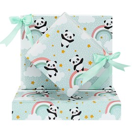 Panda Gift Wrapping Paper for Girls Boys Kid, Panda Rainbow Raining Star Printed Cute Baby Animal Wrapping Paper for Birthday Baby Shower Kindergarten Xmas Gift Wrap - 4 Sheets Folded Flat+ Ribbon Set