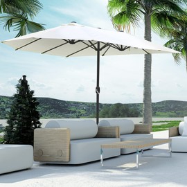 Outsunny Patio Umbrella 15' Steel Rectangular Outdoor Double Sided Market with base, Sun Protection & Easy Crank for Deck Pool Patio, Beige