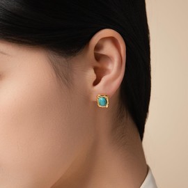 Turquoise Earrings for Women – Western Green Earrings with Genuine Turquoise Stone & Gold Border, Square Boho Birthstone Jewelry for Gift