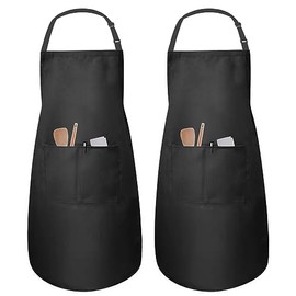Auronna Pack Of 2 Adjustable Bib Apron With 2 Pockets Cooking Kitchen Chef Women Men Aprons For Home Kitchen, Restaurant & Coffee House (Black, 2 Pack)