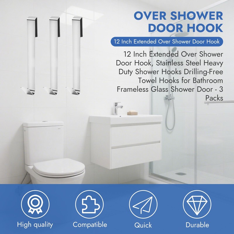 RiseDirectly 3Pcs 12 Inch Shower Door Hooks Stainless Steel Extended