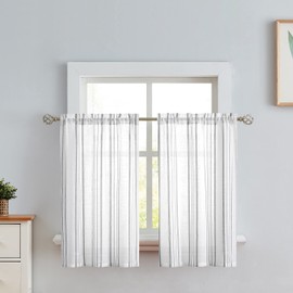 SXZJTEX Stripe Cafe Kitchen Curtain Tiers Geometric Pattern Cafe Curtains 36 Inch Length, White and Grey Linen Textured Pinstripe Short Curtain for Kitchen Bathroom, Rod Pocket, 2 Panels