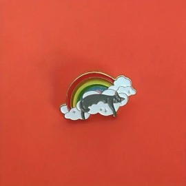 Kitty On A Rainbow Cloud Enamel Pin - Black Cat Resting - Subtle Pride