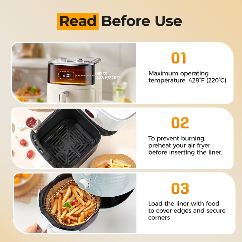 250 Pcs 8" Square Air Fryer Liners Disposable, Unbleached Parchment