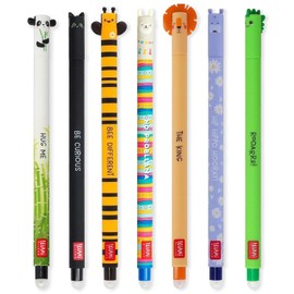 LEGAMI - Set of 7 Erasable Gel Pens with Thermosensitive Erase Ink, Range of ink colours & barrel designs, 0.7mm Tip, Panda, Cat, Bee, Llama, Lion, Hippo & Dino Designs