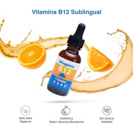 Bioganic 2 Duo Vitamina B12 Lquida Sublingual, Vegana, sin Azucar, Sin Gluten, Sabor Naranja Mandarina, 240 Porciones en Total, 120 Porciones por...  