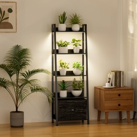 Plant Stand Indoor with Grow Lights & Drawer, 5 Tiered Metal Plant Shelf, 63" Tall Freestanding Storage Shelves, Sturdy Plant Flower Rack, Corner Plant Stands for Living Room, Bedroom, Balcony, Black