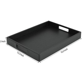HofferRuffer Rectangle Serving Tray with Hole Handles for Coffee Table, Breakfast, Tea, Food, Butler - Countertop, Kitchen, Vanity Serve Tray, 16.2 x 12.2 x 2 inches, Faux Leather Tray (Black)