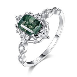 Angol Natural Moss Agate Ring 925 Sterling Silver Engagement Promise Ring for Women Mother's Day Jewelry Gifts, 8, Gemstone, Agate