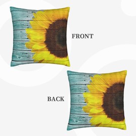 Sunflower Rustic Yellow Teal Floral Flower On Country Wooden Plank Decorative Throw Pillow Covers Square Home Sofa Indoor Decor Cushion Cover 18x18inch Pillowcase