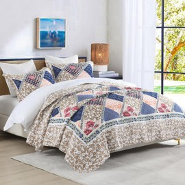 FineStichery 100% Cotton Oversized Quilt Bedspread 128"x120", Lightweight California King Bedspreads Coverlets, Extra Large Floral Quilt, Quilted Reversible Bedding Cover, 3 Piece, Navy/Brown