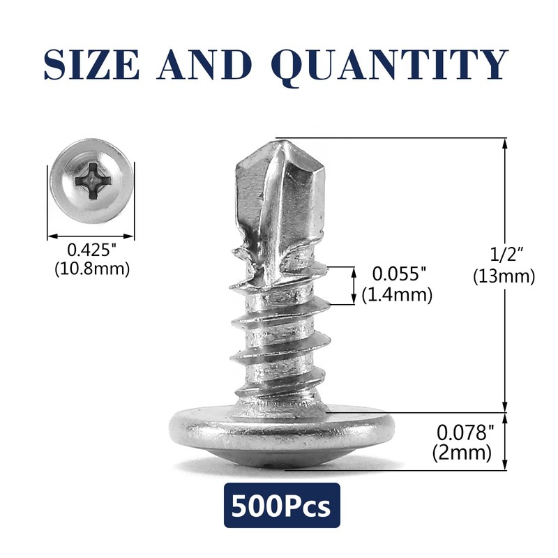 #8 x 1/2" Sheet Metal Screws 500PCS 410 Stainless Steel