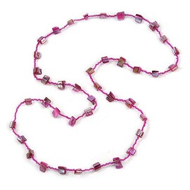 Avalaya Long Magenta Glass Bead, Sea Shell Nugget Necklace/100cm L