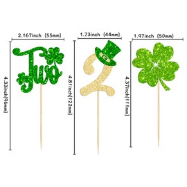 24 piezas de la suerte de dos magdalenas de la suerte para decoración de cumpleaños de San Patricio para decoración de cumpleaños con temática de tréboles, día irlandés, baby shower, suministros de segundo aniversario