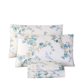 URBONUR Luxury Sheets Set King Egyptian Percale Cotton Blue Floral Sheets Soft Smooth Breathable Bed Sheet Set with Deep Pocket (4Pcs, King Size, Blue Plum Bloosom)