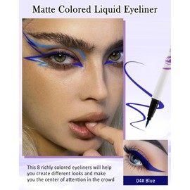 Waterproof Colored Liquid Eyeliner, Blue Matte Eyeliner Pen Long Lasting, Smudge Proof, Quick-Dry, Ultra-Fine Tip & High Pigmented Delineador De Ojos De Colores, Eye Makeup Bright Colors for Women-04