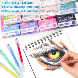 NICETY 168 Gel Pens for Coloring - Gel Pens Set 0.5mm Tip with 162 Shades (159 Colors + 3 White/3 Silver/3 Gold) for Professional Artists, Sketching & Journaling - Adults Craft Set