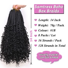 Samtress 14 Inch Boho Box Braids Crochet Hair 8 Packs Natural Black Goddess Box Braids with Curly Ends Pre Looped Bohemian Box Braids Messy Synthetic Braiding Hair for Women (#1B)