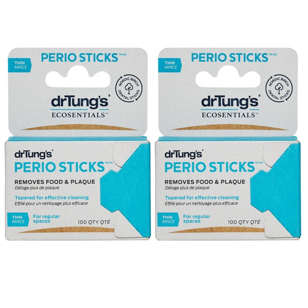 DrTung's Double-sided Perio Sticks THIN, Remove Plaque, Interdental, Fit Between Teeth, Nordic Birch 100 Count, 2 Pack
