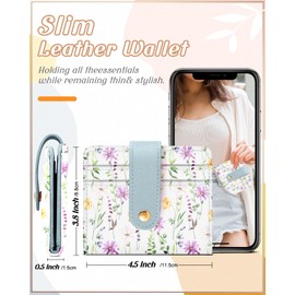 Pegmode Wallet Women Slim Cute Leather Thin Bifold Small Wallet Purse for Ladies Teen Girl Female Aesthetic Kawaii Tiny Flower Floral Daisy Simple Unique Pretty Modern Credit Card Holder Keychain Rfid