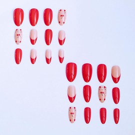 Valentine Press on Nails Red French Tip Fake Nails Short Almond Acrylic Nails Cherry False Nails with Diamond Designs Cute Stick on Nails Reusable Glue on Nails for Women Girls 24Pcs